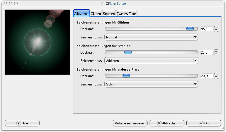 Eigenschaften im Reiter Allgemein für den GFlare-Editor